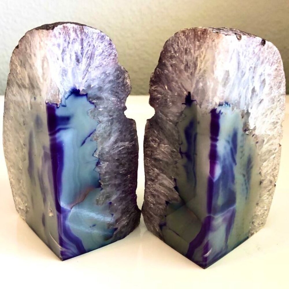 NWT ALEXANDRA'S ACCENTS Set of Quartz Agate Geode Bookends Purple Blue